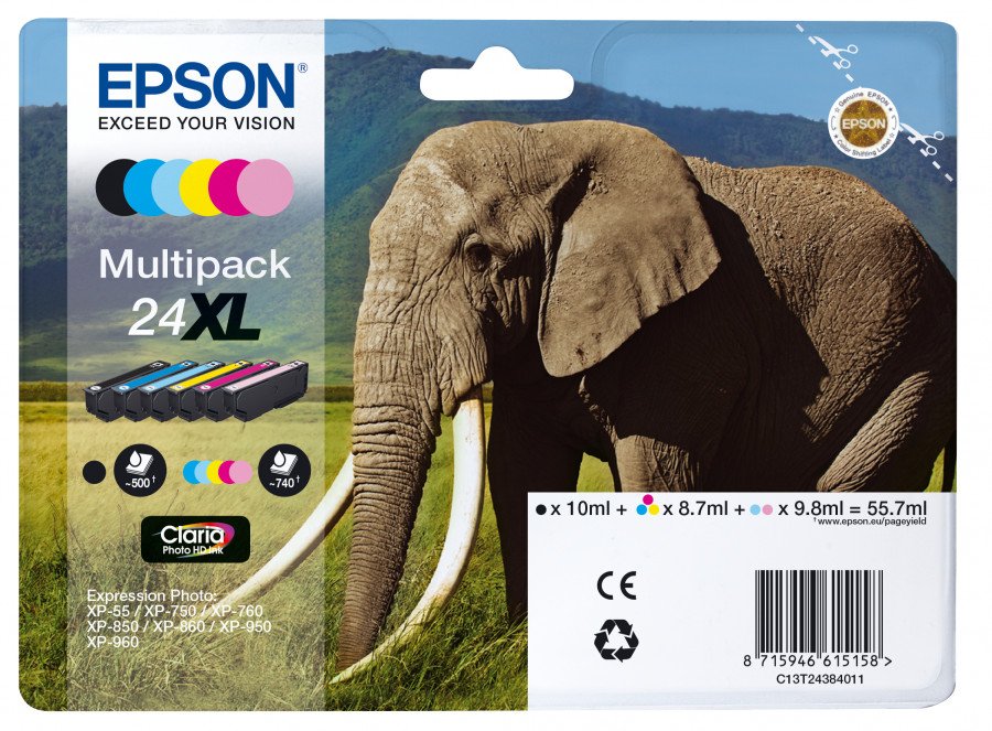 Image of Epson multipack 6 cartucce 24xl claria photo hd elefante ELEFANTE 24 XL Materiale di consumo Informatica