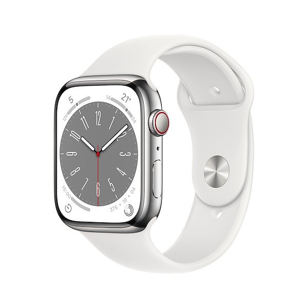 Image of Apple apple watch series 8 gps + cellular 45mm silver stainless steel case with white sport band - regular Series 8 GPS + Cellular 45mm Silver Stainless Steel Case with White Sport Band - Regular Smartwatch Telefonia
