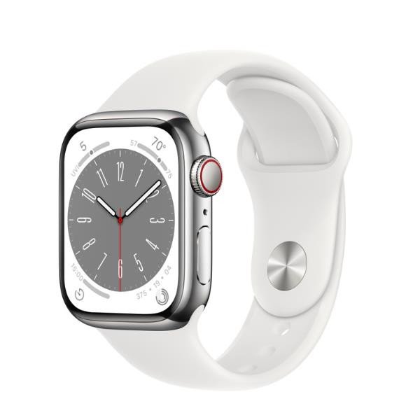 Image of Apple apple watch series 8 gps + cellular 41mm silver stainless steel case with white sport band - regular Series 8 GPS + Cellular 41mm Silver Stainless Steel Case with White Sport Band - Regular Smartwatch Telefonia