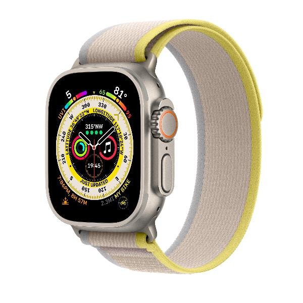 Image of Apple ultra gps + cellular, 49mm titanium case with yellow/beige trail loop - m/l mqfu Ultra GPS + Cellular, 49mm Titanium Case with Yellow/Beige Trail Loop - M/L Smartwatch Telefonia