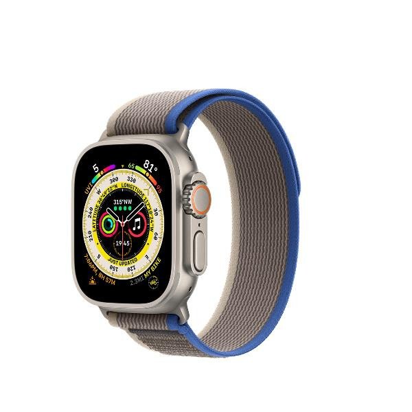 Image of Apple ultra gps + cellular, 49mm titanium case with blue/gray trail loop - m/l mqfv3ty Ultra GPS + Cellular, 49mm Titanium Case with Blue/Gray Trail Loop - M/L Smartwatch Telefonia