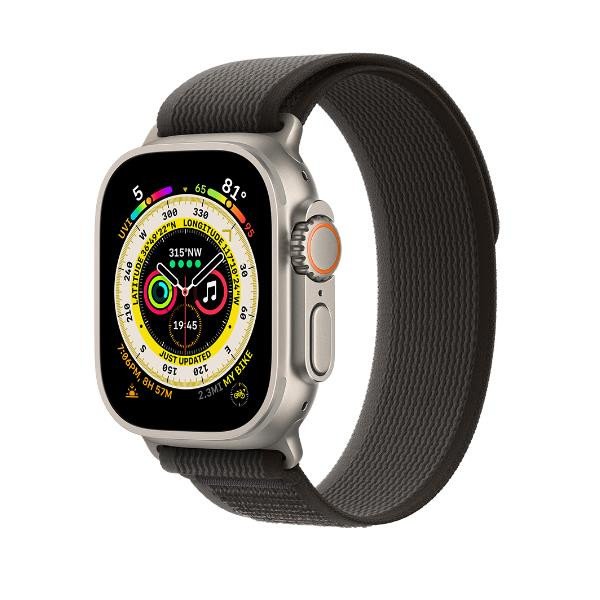 Image of Apple ultra gps + cellular, 49mm titanium case with black/gray trail loop - s/m aw ult Ultra GPS + Cellular, 49mm Titanium Case with Black/Gray Trail Loop - S/M Smartwatch Telefonia
