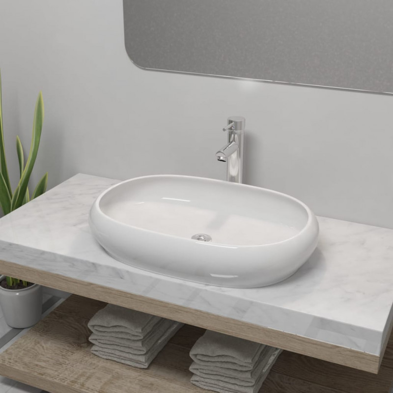Image of Vidaxl lavello bagno con miscelatore in ceramica ovale bianco Bagno Casa & cucina