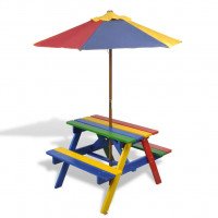 VidaXL Stół dla dzieci z ławkami i parasolem, wielokolorowy, drewniany